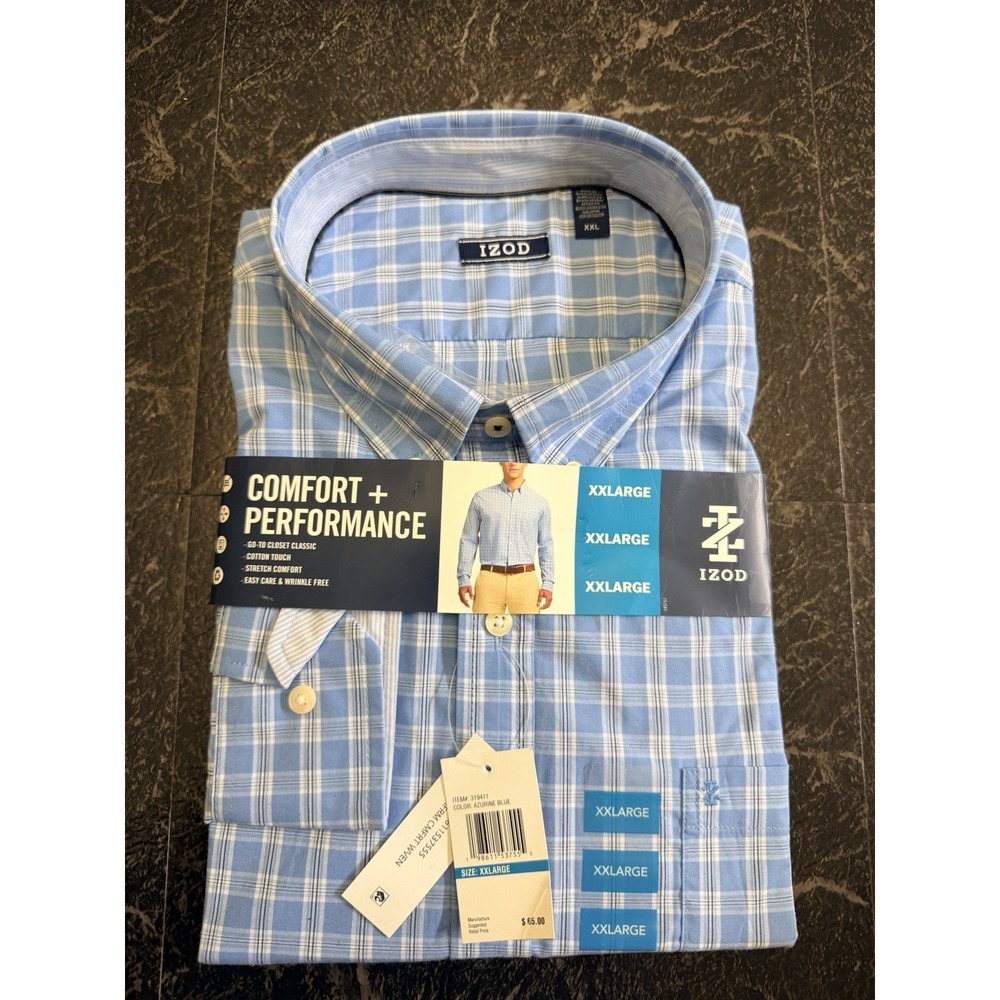 New! IZOD Men's 2XL Stretch Non-Iron Plaid Cotton Button-Up Long Sleeve Shirt